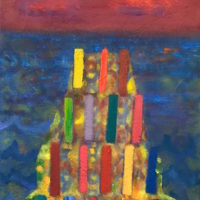 2018 acrylic and oil on dyed canvas over wood 16 x 12 inches