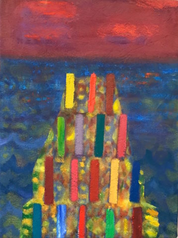 2018 acrylic and oil on dyed canvas over wood 16 x 12 inches