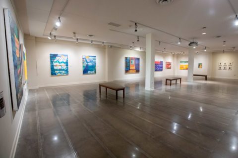 Installation shot from ONE PLACE. TWO VIEWS. John Walker and Kayla Mohammadi at the Maier Museum