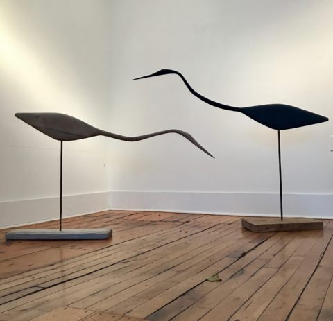 2018 both painted wood Yardbird 30 1/2 x 49 x 2 inches, Great Blue 41 x 50 2 inches
