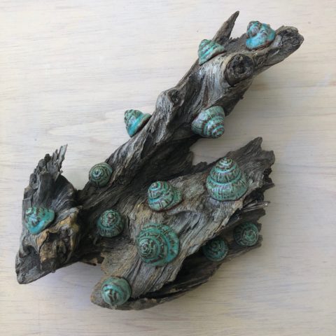 2019 ceramic on driftwood 11 x 6 x 3 1/2 inches