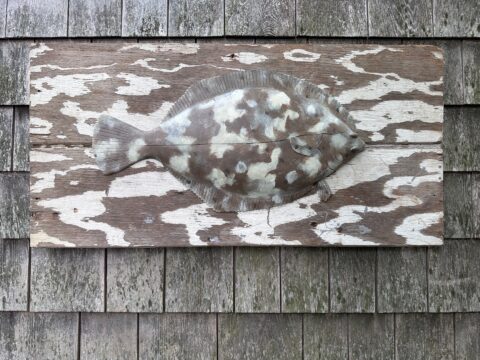 2018. found plywood, carved fish painted by Marnie Sinclair. 16 x 32 x 15/8 inches