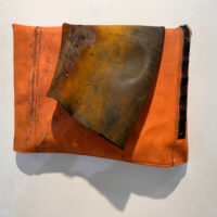 2024 inner tube, rain jacket on wood 12 x 13 x 3 inches