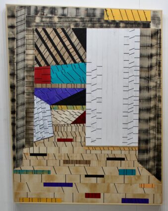 2022 acrylic and aerosol color on wood. 57 1/2 x 44 1/4 inches