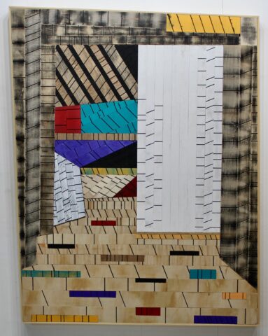 2022 acrylic and aerosol color on wood. 57 1/2 x 44 1/4 inches