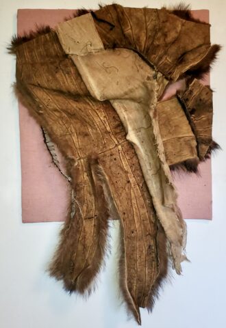 2025 found fur coat, found wool blanket on board 32 x 21 x 3 inches