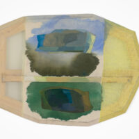 2025 oil, acrylic and graphite on sewn linen and polyester with bowed and beveled pine 16 12/x 23 1/2 x 2 inches