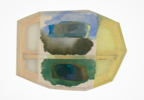 2025 oil, acrylic and graphite on sewn linen and polyester with bowed and beveled pine 16 12/x 23 1/2 x 2 inches
