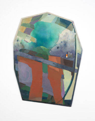 2025 oil, acrylic, graphite and dye on sewn linen with marble and bowed and beveled pine 38 x 29 inches