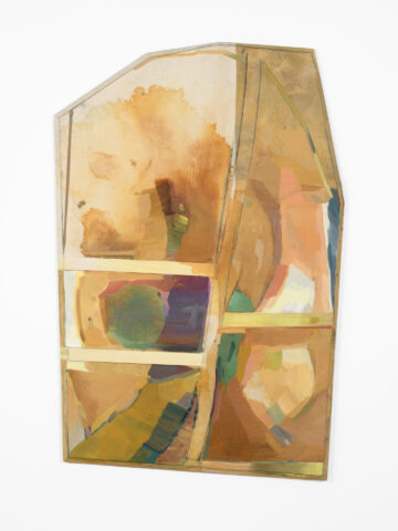 2025 oil, graphite, and dye on sewn linen and polyester bowed and beveled pine, 52 x 34 x 4 inches