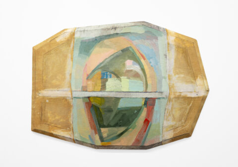 2024 oil, dye and graphite on sewn linen with bowed and