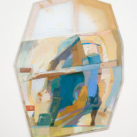 2024 oil, acrylic, graphite and dye on sewn linen and bowed and =beveled pine 43 x 34 1/2 x 3 inches