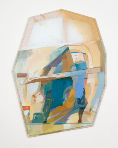 2024 oil, acrylic, graphite and dye on sewn linen and bowed and =beveled pine 43 x 34 1/2 x 3 inches