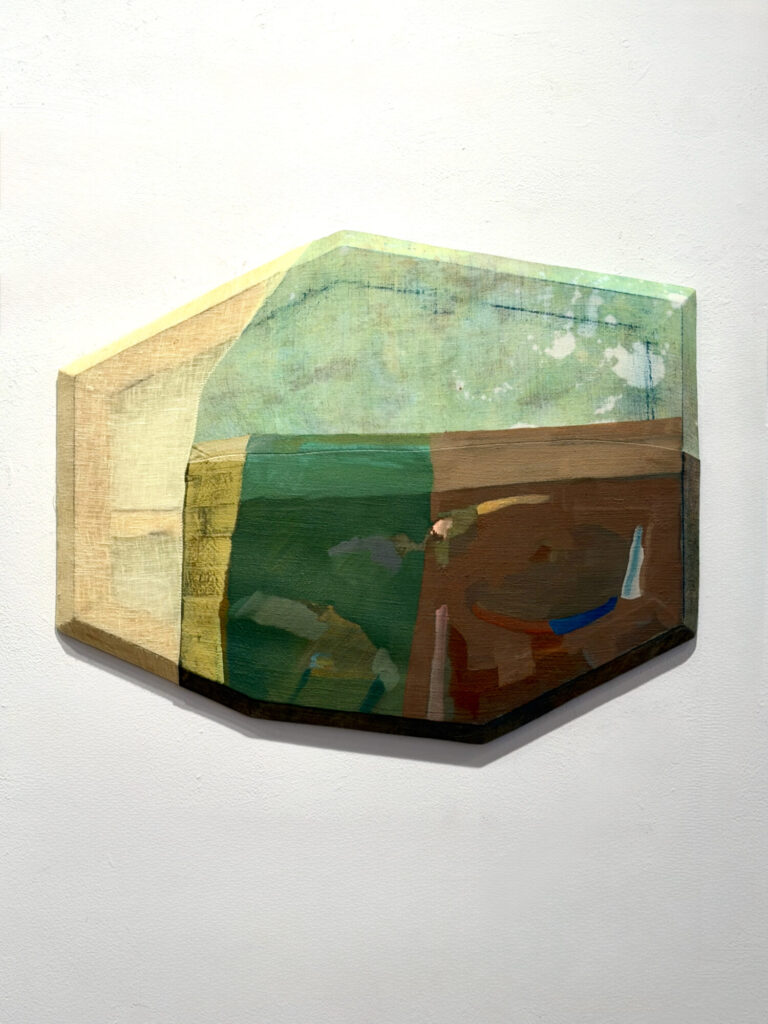 2024 oil, acrylic, graphite, and dye on sen linen with bowed and beveled pine 21 x 17 1/2 x 3 inches