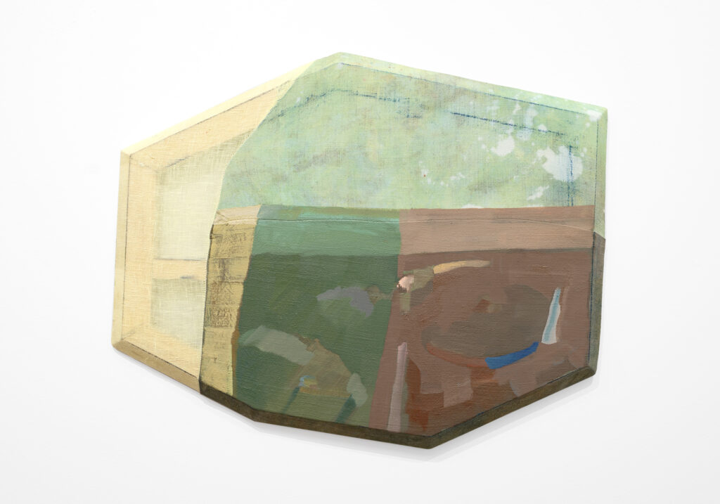 2024 oil, dye and conte on sewn linen with beveled pine 16 x 23 x 1 inches